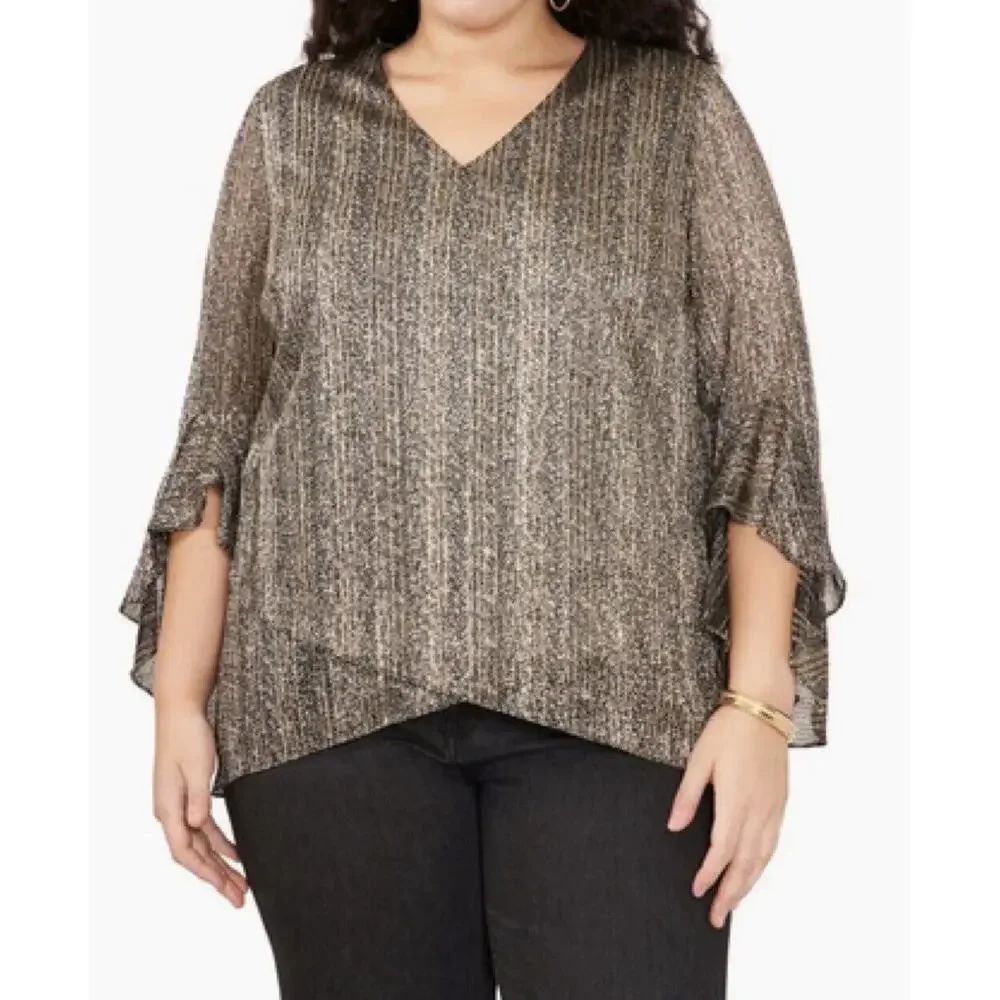 VINCE CAMUTO Plus-Size MetallicStripe FlutterSleeve Blouse 3X Sparkle and shine